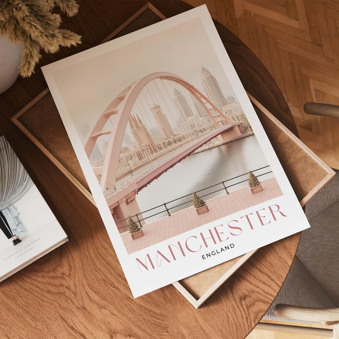 Manchester Travel Art Print, Millennium Bridge Watercolour Wall Art, Pink Salford Quays Poster, Pastel Romantic River Irwell Home Decor