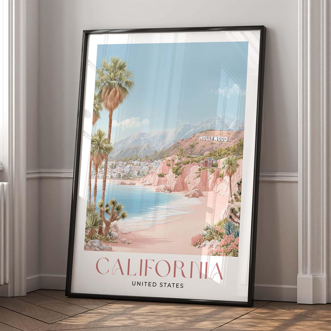 California Travel Art Print, Pastel Beige & Pink Watercolour Wall Art, USA Coastal Poster, Hollywood Beach Illustration, West Coast Decor