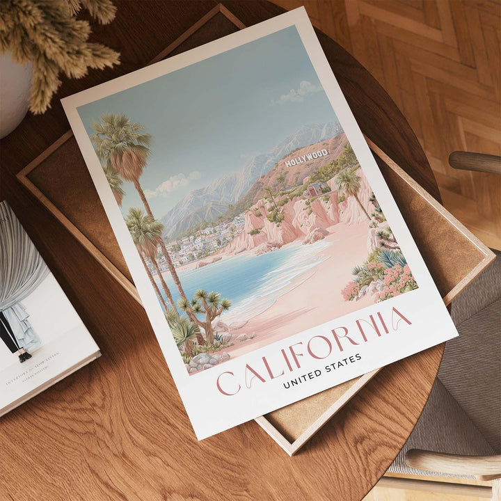 California Travel Art Print, Pastel Beige & Pink Watercolour Wall Art, USA Coastal Poster, Hollywood Beach Illustration, West Coast Decor