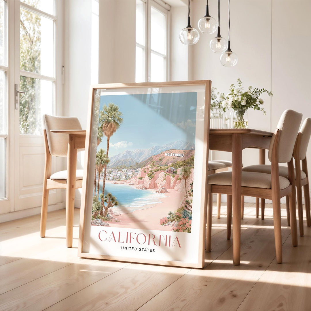 California Travel Art Print, Pastel Beige & Pink Watercolour Wall Art, USA Coastal Poster, Hollywood Beach Illustration, West Coast Decor