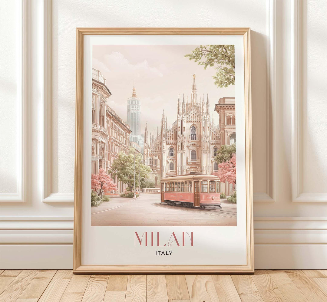 Milan Travel Print, Italy City Poster, Duomo di Milano & Galleria Illustration, Elegant Italian Home Decor, Pastel Pink Watercolour Wall Art