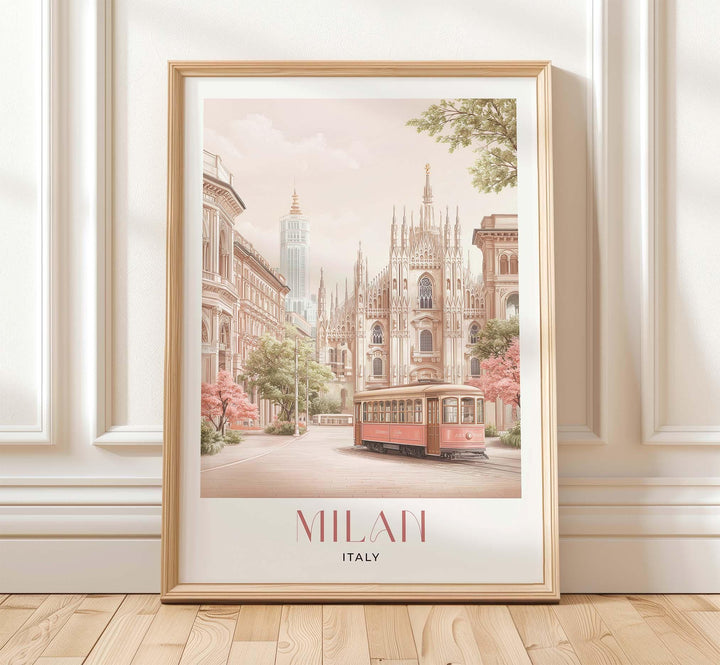 Milan Travel Print, Italy City Poster, Duomo di Milano & Galleria Illustration, Elegant Italian Home Decor, Pastel Pink Watercolour Wall Art