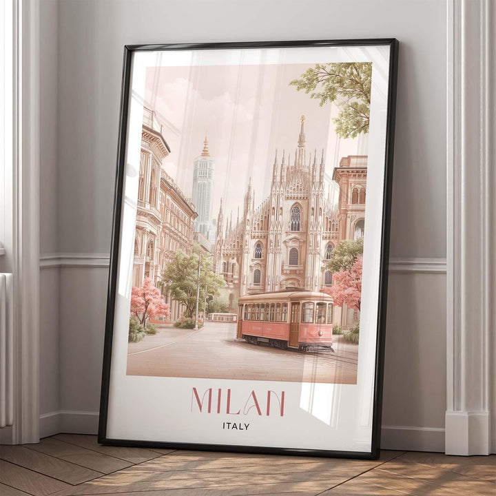 Milan Travel Print, Italy City Poster, Duomo di Milano & Galleria Illustration, Elegant Italian Home Decor, Pastel Pink Watercolour Wall Art