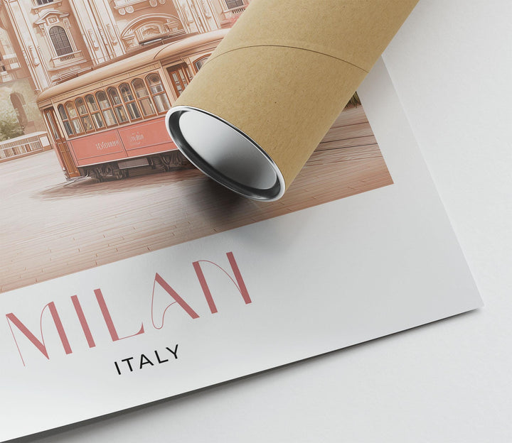 Milan Travel Print, Italy City Poster, Duomo di Milano & Galleria Illustration, Elegant Italian Home Decor, Pastel Pink Watercolour Wall Art