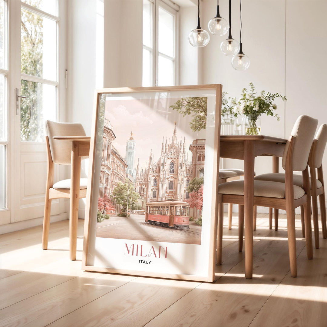 Milan Travel Print, Italy City Poster, Duomo di Milano & Galleria Illustration, Elegant Italian Home Decor, Pastel Pink Watercolour Wall Art