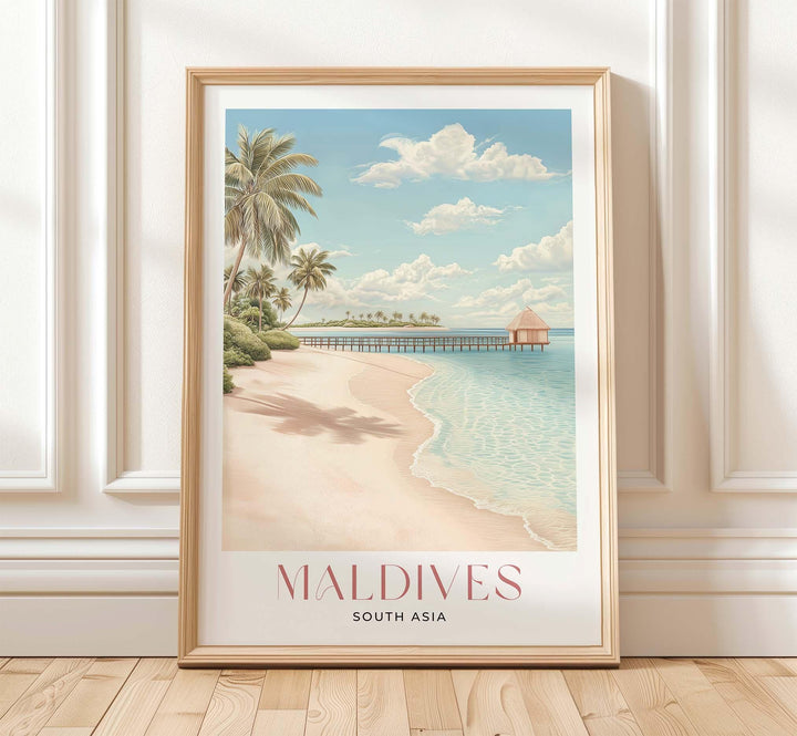 Maldives Travel Art Print, South Asia Islands Watercolour Wall Art, Arabian Sea Beach Poster, Pink Tropical Holiday Destination Home Decor