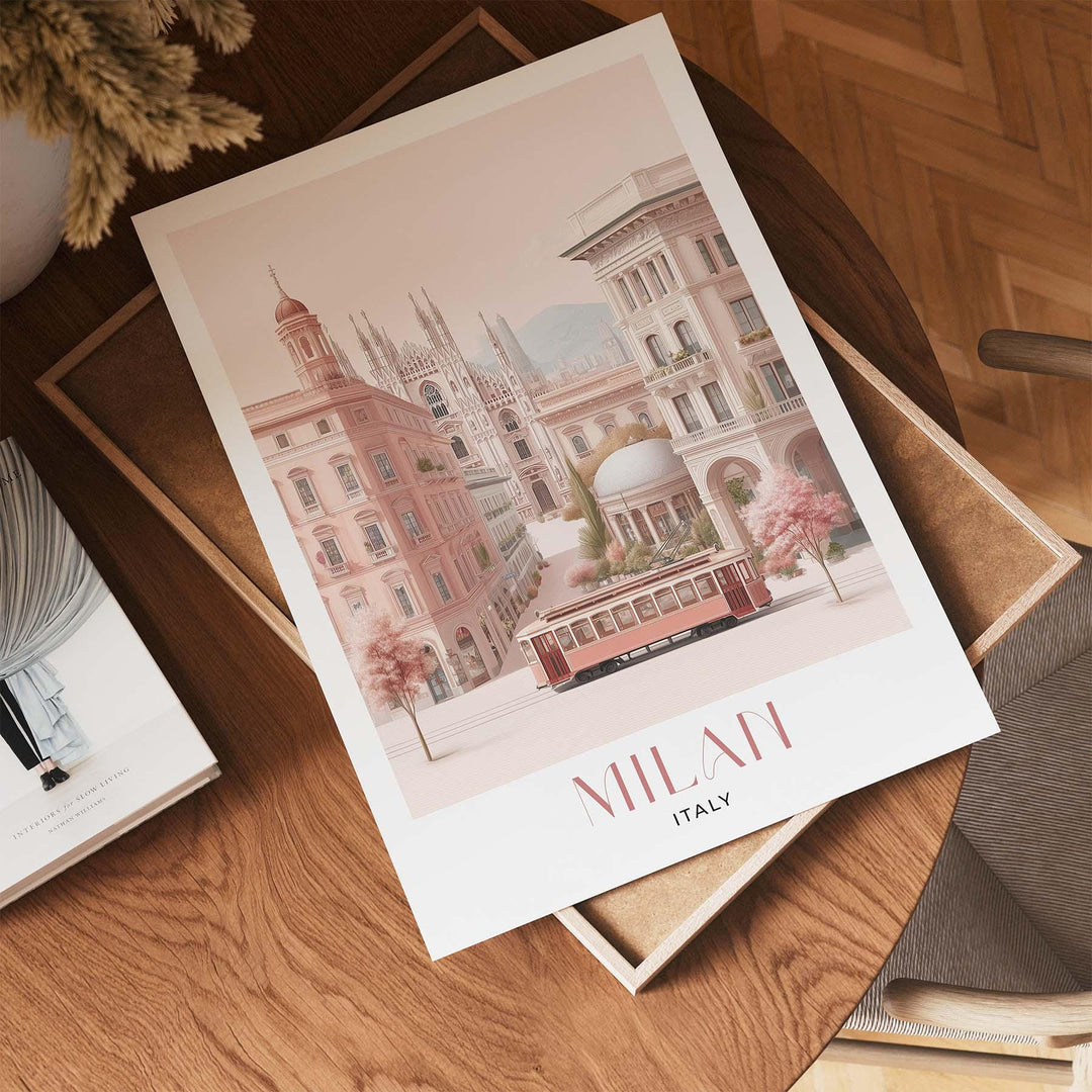 Milan Travel Print, Italy City Poster, European Print Travel Gifts For Women, Elegant Italian Home Decor, Pastel Pink Watercolour Wall Art