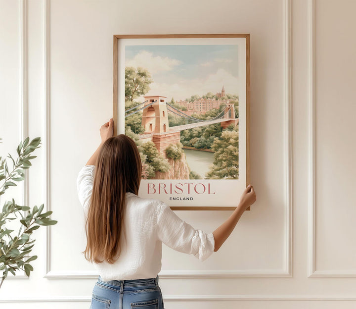 Bristol Travel Print, England Cityscape Poster, Clifton Suspension Bridge Illustration, Pastel Watercolour Wall Art, Elegant Home Décor