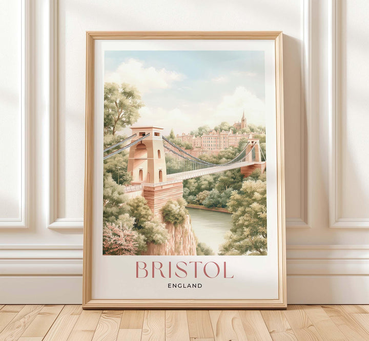 Bristol Travel Print, England Cityscape Poster, Clifton Suspension Bridge Illustration, Pastel Watercolour Wall Art, Elegant Home Décor