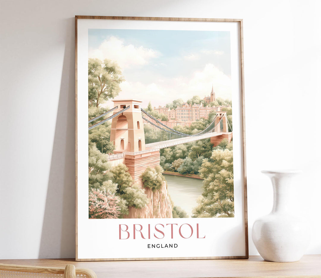 Bristol Travel Print, England Cityscape Poster, Clifton Suspension Bridge Illustration, Pastel Watercolour Wall Art, Elegant Home Décor