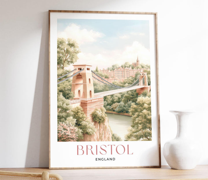 Bristol Travel Print, England Cityscape Poster, Clifton Suspension Bridge Illustration, Pastel Watercolour Wall Art, Elegant Home Décor
