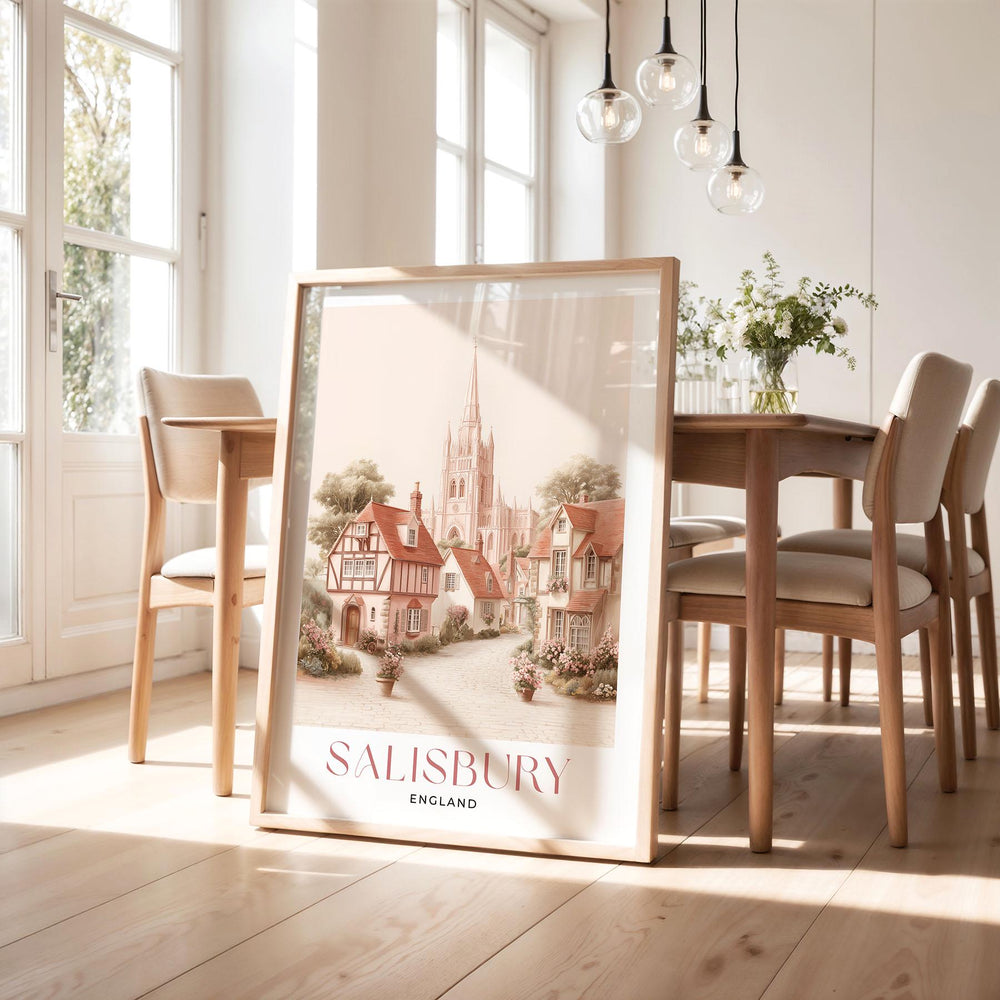 Salisbury Travel Art Print, Wiltshire England Watercolour Wall Art, Pink Romantic Cathedral Poster, Neutral Cityscape Home Decor