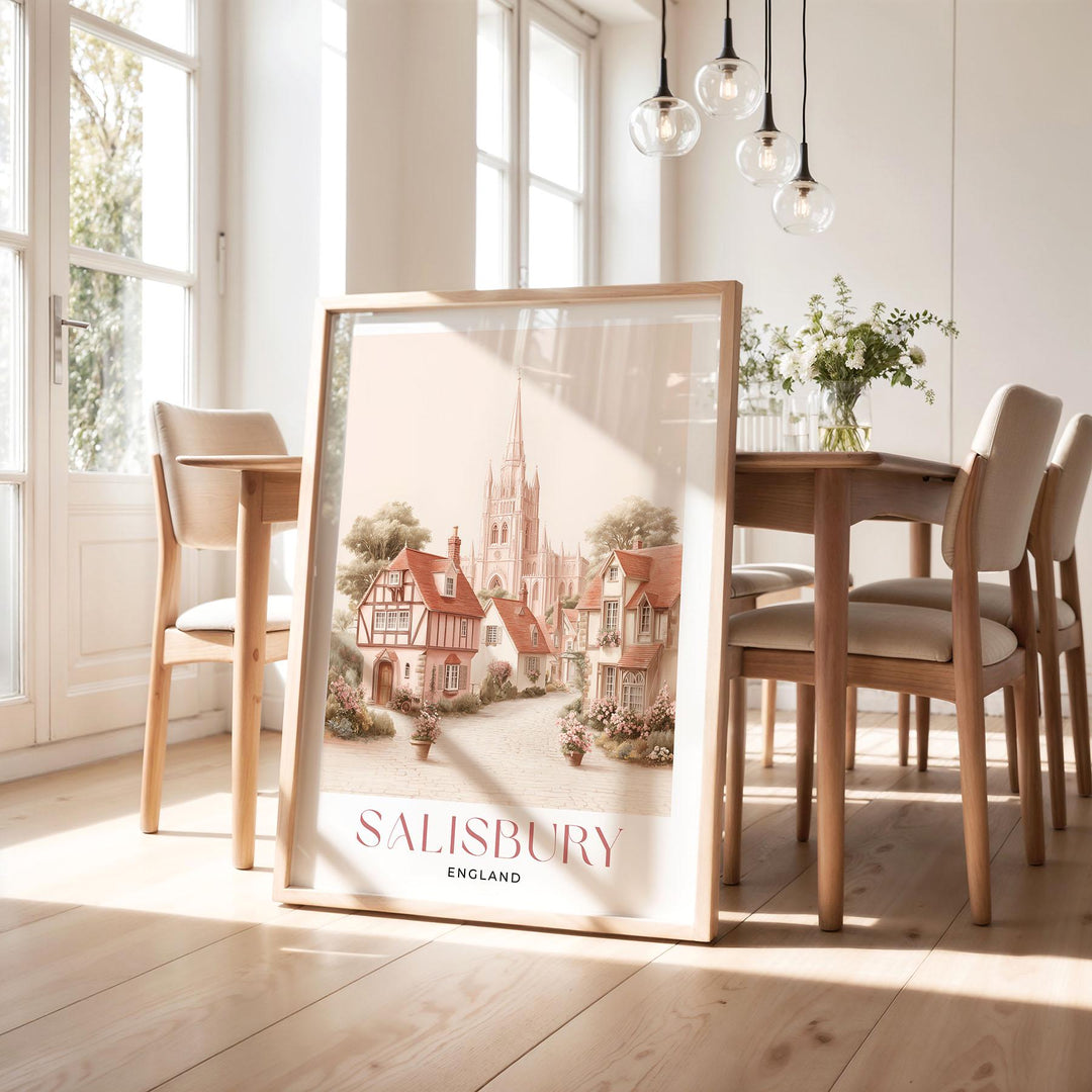 Salisbury Travel Art Print, Wiltshire England Watercolour Wall Art, Pink Romantic Cathedral Poster, Neutral Cityscape Home Decor
