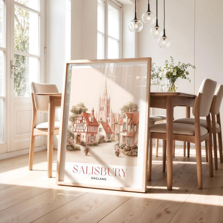 Salisbury Travel Art Print, Wiltshire England Watercolour Wall Art, Pink Romantic Cathedral Poster, Neutral Cityscape Home Decor