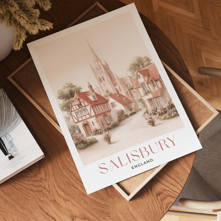 Salisbury Travel Art Print, Wiltshire England Watercolour Wall Art, Pink Romantic Cathedral Poster, Neutral Cityscape Home Decor