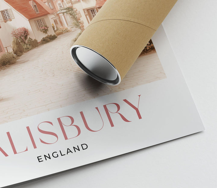 Salisbury Travel Art Print, Wiltshire England Watercolour Wall Art, Pink Romantic Cathedral Poster, Neutral Cityscape Home Decor