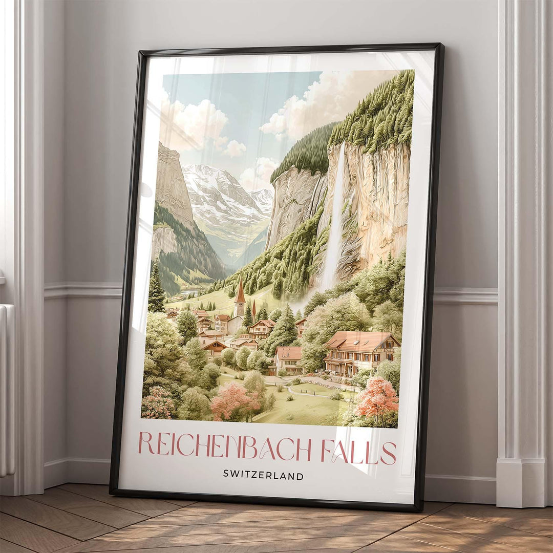 Reichenbach Falls Travel Print, Switzerland Poster, Sherlock Holmes Inspired Alpine Art Lovers Gift, Pastel Watercolour Wall Art
