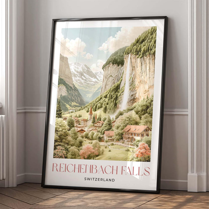 Reichenbach Falls Travel Print, Switzerland Poster, Sherlock Holmes Inspired Alpine Art Lovers Gift, Pastel Watercolour Wall Art