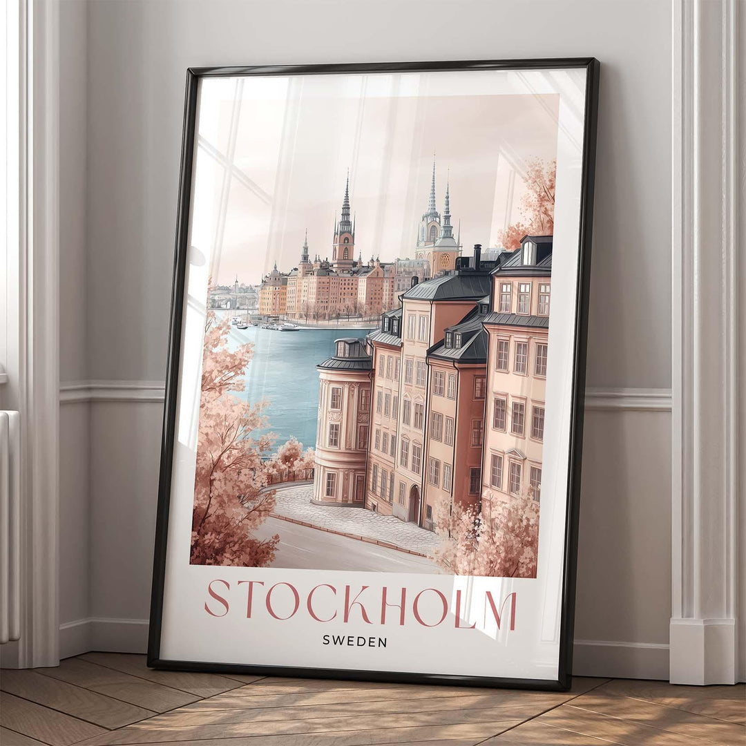 Stockholm Skyline Travel Print, Scandinavian Gamla Stan City Poster, Pastel Beige & Pink Watercolour Wall Art, Neutral Sweden Home Decor