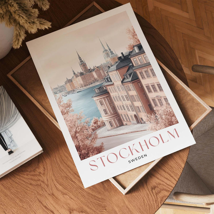 Stockholm Skyline Travel Print, Scandinavian Gamla Stan City Poster, Pastel Beige & Pink Watercolour Wall Art, Neutral Sweden Home Decor