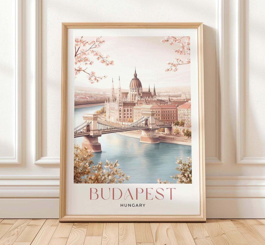 Budapest Travel Art Print, Hungary City Poster, Chain Bridge & Parliament Illustration, European Home Decor, Pastel Beige and Pink Wall Art