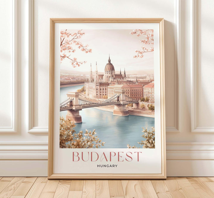 Budapest Travel Art Print, Hungary City Poster, Chain Bridge & Parliament Illustration, European Home Decor, Pastel Beige and Pink Wall Art