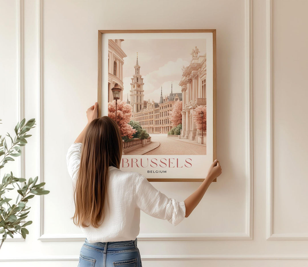 Brussels Travel Print, Pastel Beige & Pink Watercolour Wall Art, Belgium City Poster, Grand Place, Atomium Illustration, European Home Decor