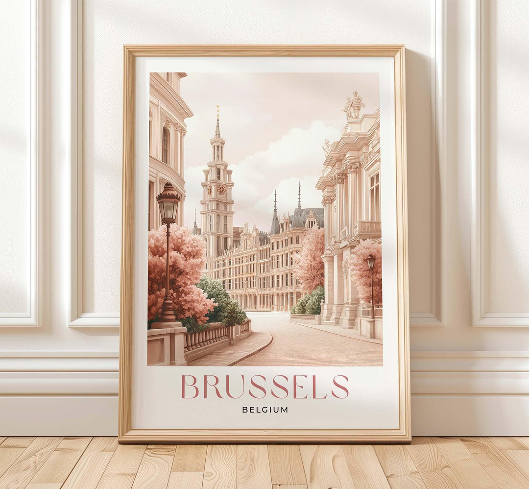 Brussels Travel Print, Pastel Beige & Pink Watercolour Wall Art, Belgium City Poster, Grand Place, Atomium Illustration, European Home Decor