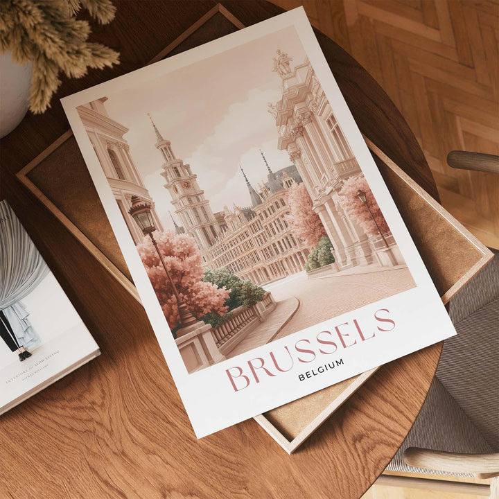 Brussels Travel Print, Pastel Beige & Pink Watercolour Wall Art, Belgium City Poster, Grand Place, Atomium Illustration, European Home Decor