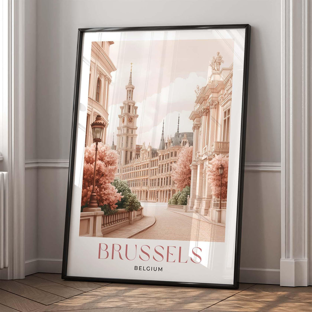 Brussels Travel Print, Pastel Beige & Pink Watercolour Wall Art, Belgium City Poster, Grand Place, Atomium Illustration, European Home Decor
