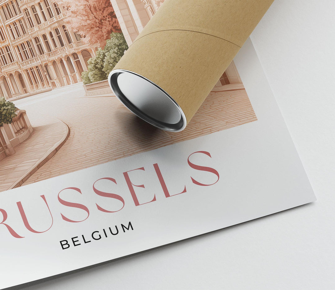 Brussels Travel Print, Pastel Beige & Pink Watercolour Wall Art, Belgium City Poster, Grand Place, Atomium Illustration, European Home Decor
