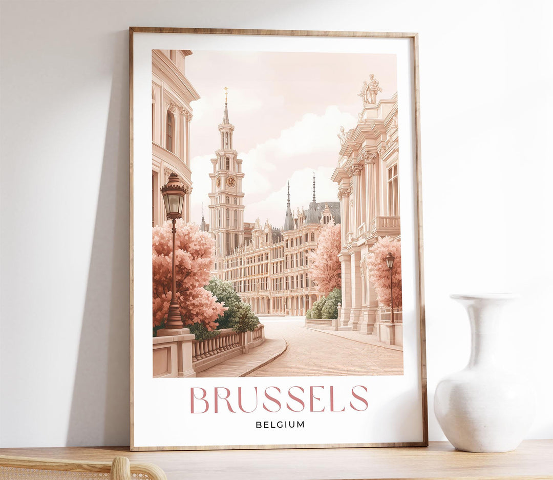 Brussels Travel Print, Pastel Beige & Pink Watercolour Wall Art, Belgium City Poster, Grand Place, Atomium Illustration, European Home Decor