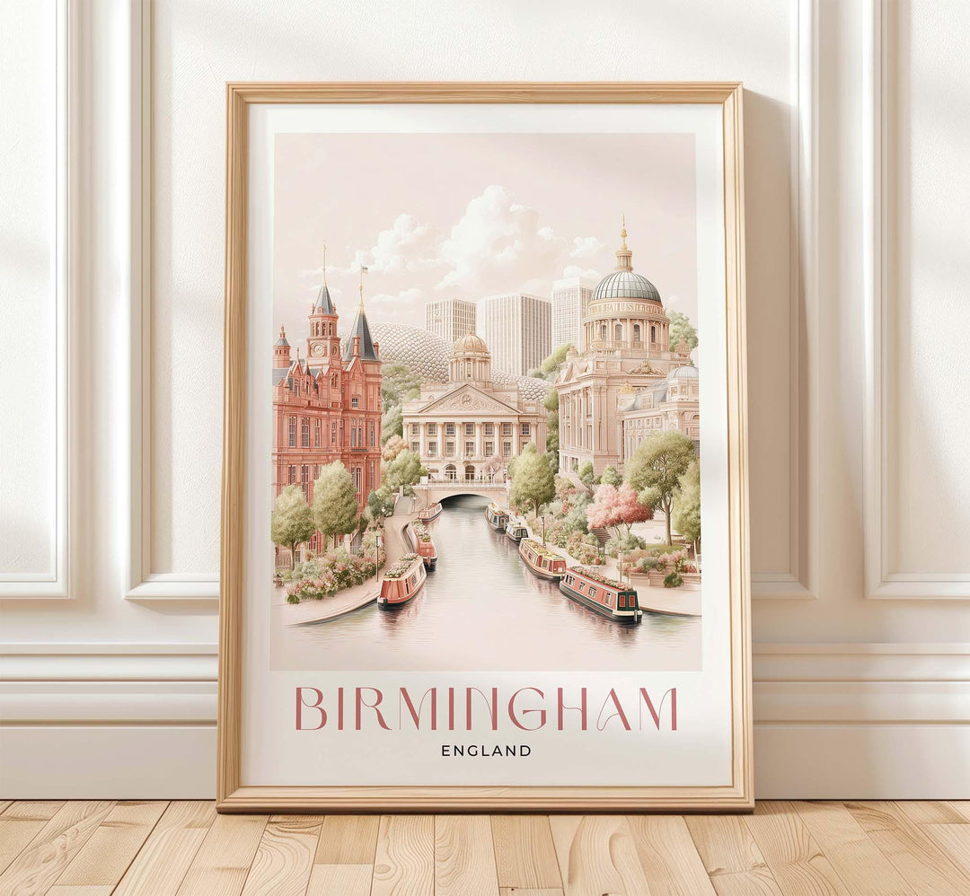 Birmingham City Travel Print, Pastel Watercolour Wall Art, UK City Poster, Library of Birmingham & Canal Illustration, Elegant Home Décor