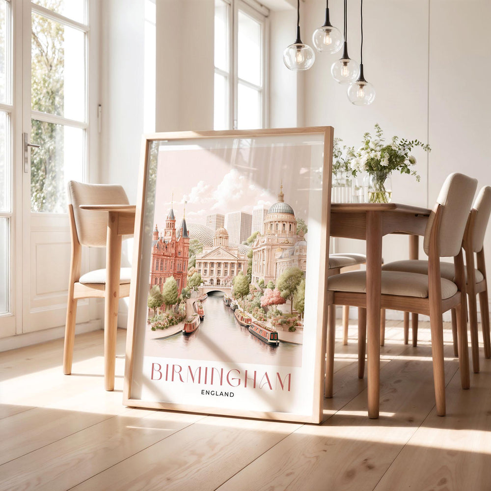 Birmingham City Travel Print, Pastel Watercolour Wall Art, UK City Poster, Library of Birmingham & Canal Illustration, Elegant Home Décor