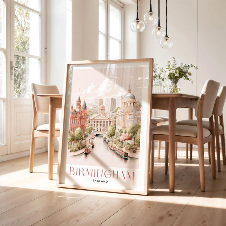 Birmingham City Travel Print, Pastel Watercolour Wall Art, UK City Poster, Library of Birmingham & Canal Illustration, Elegant Home Décor