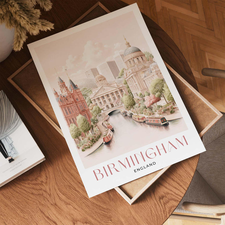 Birmingham City Travel Print, Pastel Watercolour Wall Art, UK City Poster, Library of Birmingham & Canal Illustration, Elegant Home Décor
