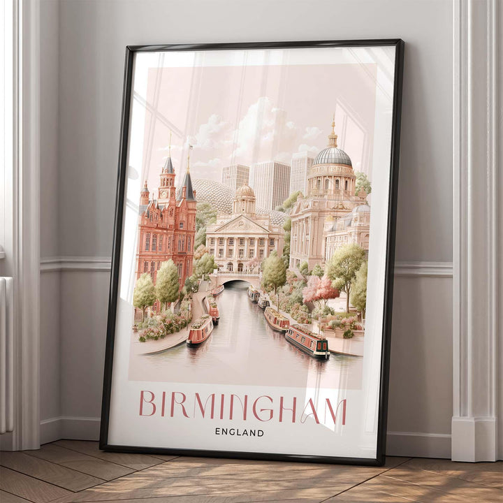 Birmingham City Travel Print, Pastel Watercolour Wall Art, UK City Poster, Library of Birmingham & Canal Illustration, Elegant Home Décor