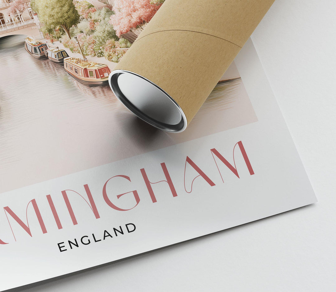 Birmingham City Travel Print, Pastel Watercolour Wall Art, UK City Poster, Library of Birmingham & Canal Illustration, Elegant Home Décor