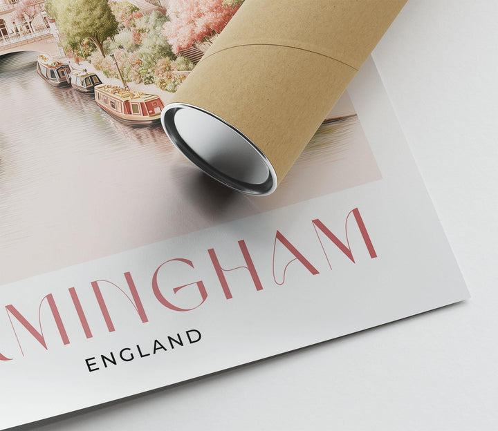Birmingham City Travel Print, Pastel Watercolour Wall Art, UK City Poster, Library of Birmingham & Canal Illustration, Elegant Home Décor