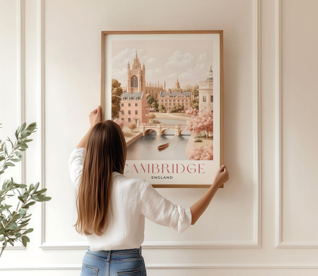 Cambridge Travel Print, Pastel Beige & Pink Watercolour Wall Art, UK City Poster, King’s College Chapel River Cam Illustration, Memory Gift