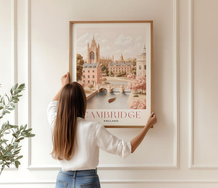 Cambridge Travel Print, Pastel Beige & Pink Watercolour Wall Art, UK City Poster, King’s College Chapel River Cam Illustration, Memory Gift