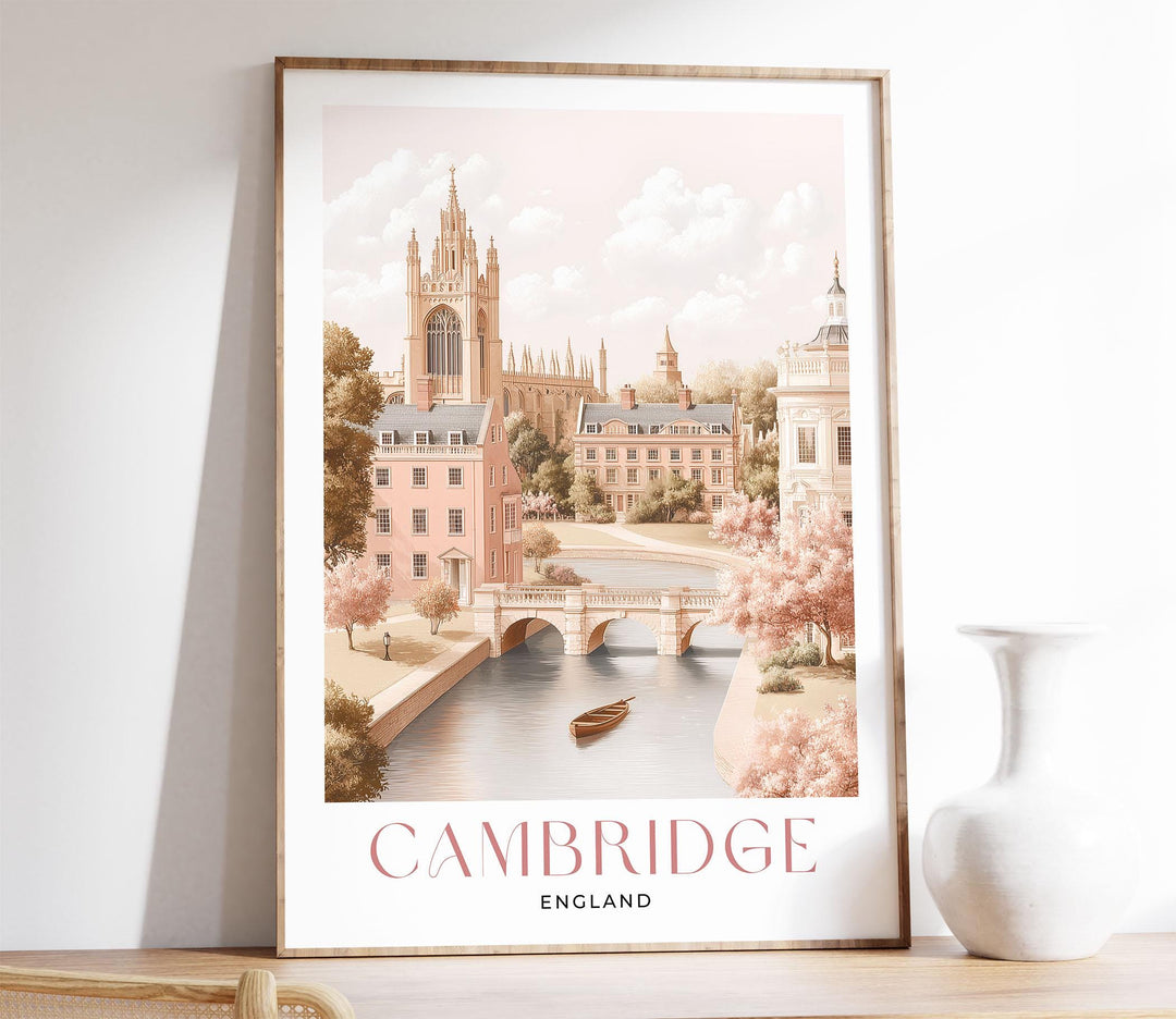 Cambridge Travel Print, Pastel Beige & Pink Watercolour Wall Art, UK City Poster, King’s College Chapel River Cam Illustration, Memory Gift