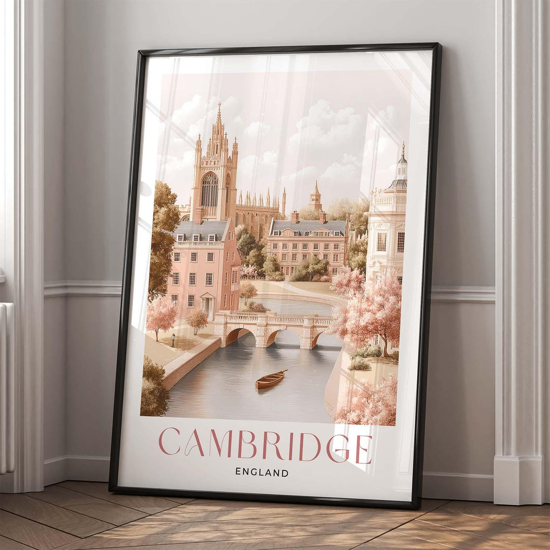 Cambridge Travel Print, Pastel Beige & Pink Watercolour Wall Art, UK City Poster, King’s College Chapel River Cam Illustration, Memory Gift