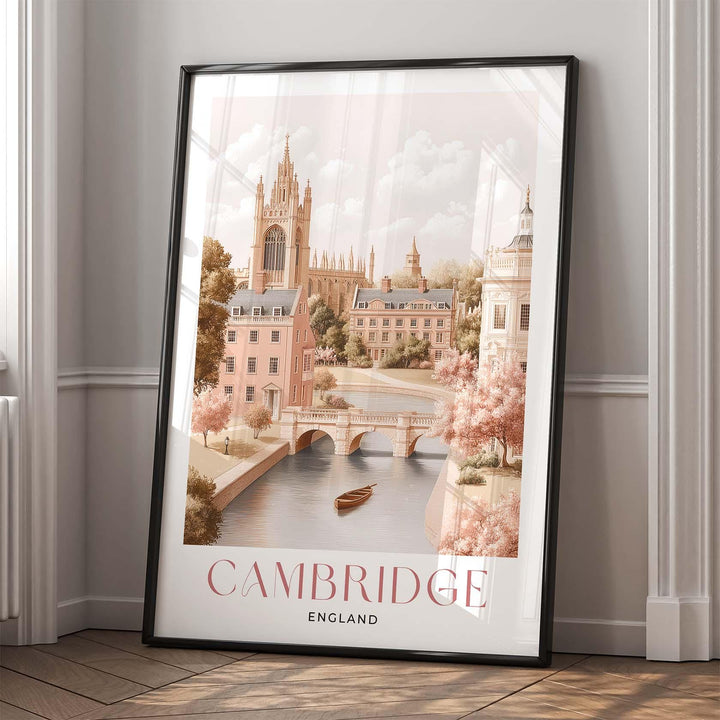 Cambridge Travel Print, Pastel Beige & Pink Watercolour Wall Art, UK City Poster, King’s College Chapel River Cam Illustration, Memory Gift