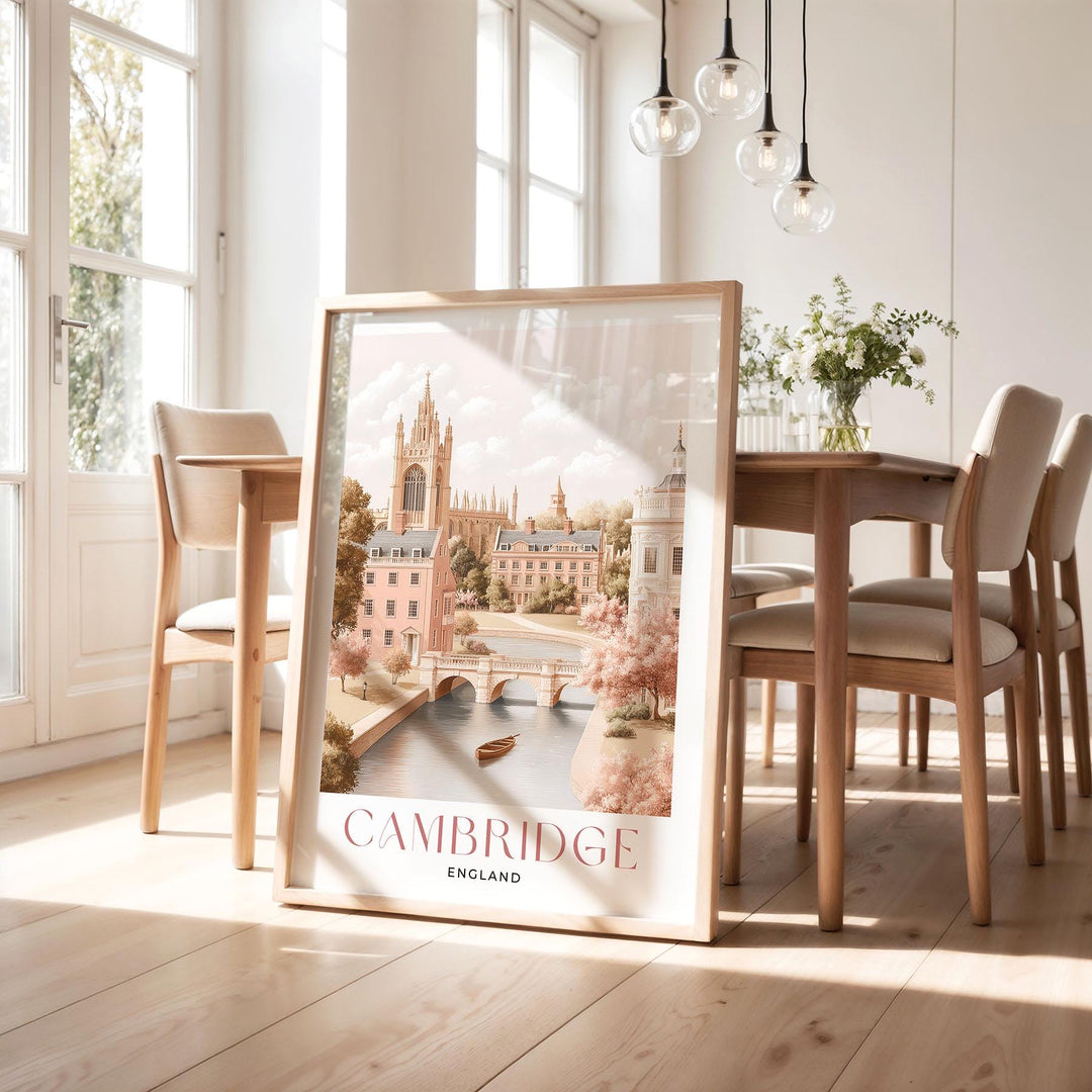 Cambridge Travel Print, Pastel Beige & Pink Watercolour Wall Art, UK City Poster, King’s College Chapel River Cam Illustration, Memory Gift