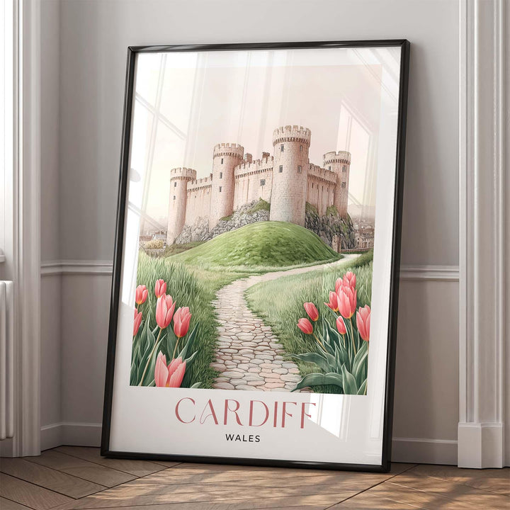 Cardiff Castle Travel Print, Pastel Pink & Beige Watercolour Wall Art, Wales City Poster, Welsh Landscape Home Decor Wall Hanging