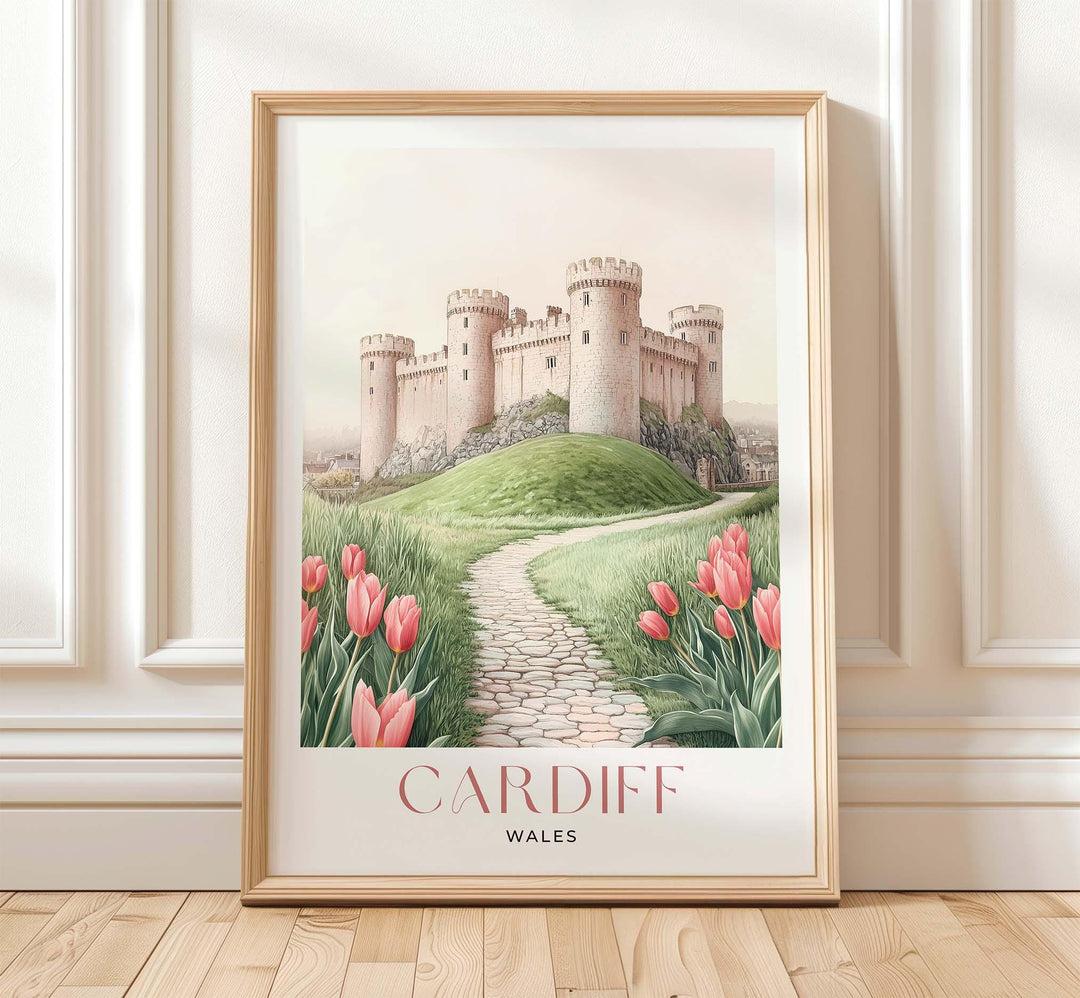 Cardiff Castle Travel Print, Pastel Pink & Beige Watercolour Wall Art, Wales City Poster, Welsh Landscape Home Decor Wall Hanging