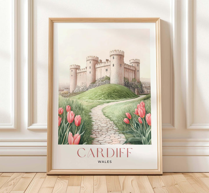 Cardiff Castle Travel Print, Pastel Pink & Beige Watercolour Wall Art, Wales City Poster, Welsh Landscape Home Decor Wall Hanging