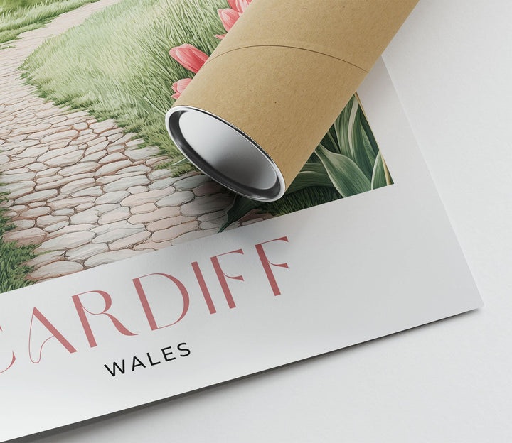 Cardiff Castle Travel Print, Pastel Pink & Beige Watercolour Wall Art, Wales City Poster, Welsh Landscape Home Decor Wall Hanging