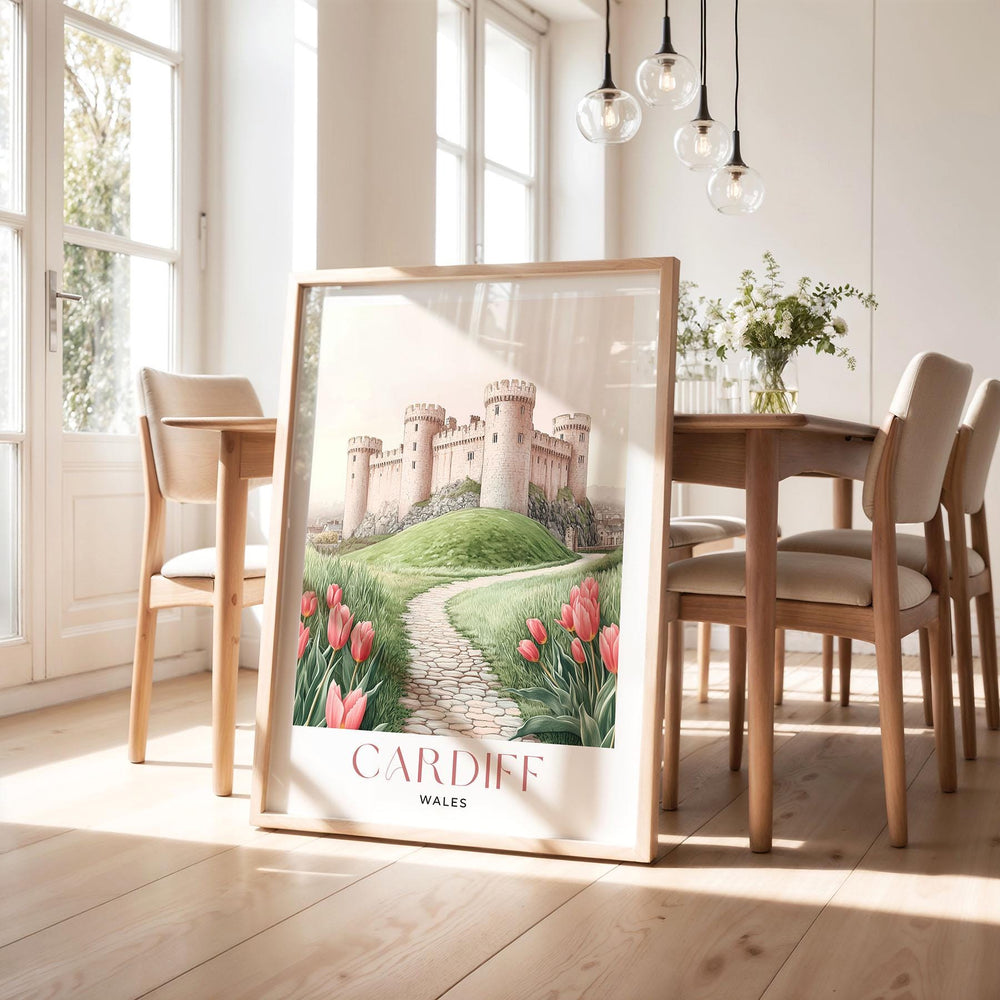 Cardiff Castle Travel Print, Pastel Pink & Beige Watercolour Wall Art, Wales City Poster, Welsh Landscape Home Decor Wall Hanging